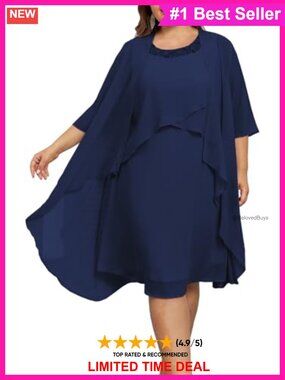Plus Size 2-Piece Midi Dress Set with Chiffon Jacket Formal Wedding Guest